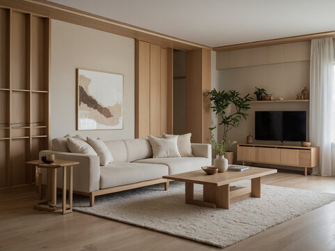 Calm, peaceful, minimalist living room with natural light, neutral tones, and airy Scandinavian design.  Simplicity and comfort blend seamlessly.  Japandi style promotes tranquility.