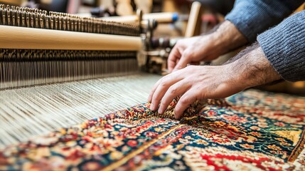 Weaver Adjusting Colorful Threads on Loom with Intricate Silk Fabric in Bright Artisan Studio