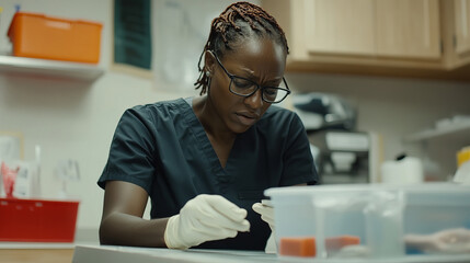 Fototapeta premium Health Worker Analyzing Data from Wearable Devices in a Modern Laboratory Setting