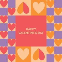 Colourful Happy Valentines Day Card. Trendy Geometric Design of Simple Shapes And Hearts. Vector Editable Template for Social Media Posts, Banners, Posters