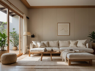 Modern living room design cozy home interior decor bright environment minimalist viewpoint tranquil concept