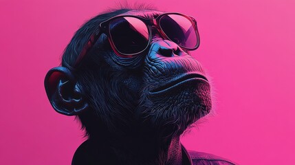 Cool Monkey with Sunglasses in Vibrant Pink Background, Capturing Unique Expression and Style in a...