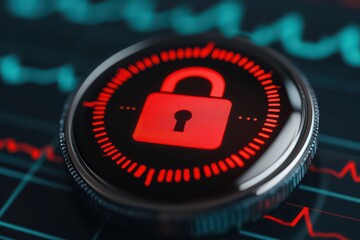 Health info wearable technology with glowing lock icon in digital environment for enhanced security