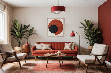 A cozy mid-century living room featuring a red fabric sofa, a stylish cream armchair, and warm lighting, creating a chic and inviting space for relaxation.