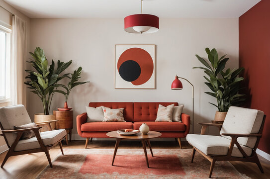 A cozy mid-century living room featuring a red fabric sofa, a stylish cream armchair, and warm lighting, creating a chic and inviting space for relaxation.