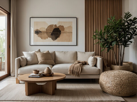 A stylish living room featuring cozy furniture, chic decor, and a neutral color palette, Create a warm and inviting atmosphere with woven furniture and elements.