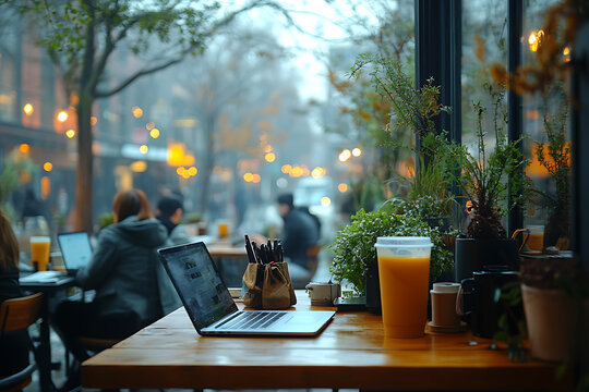 A cozy cafe with people working on laptops, sipping coffee, and engaging in discussions. Modern decor, warm lighting, and a productive, relaxed vibe