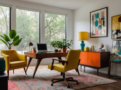 Mid-century home office featuring warm yellow accents, sleek furnishings, and natural light for a bright, inviting workspace ideal for productivity and creativity.