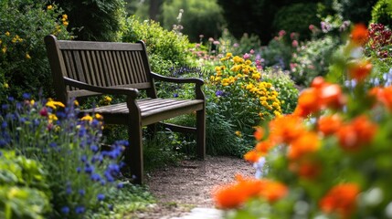Obraz premium Wooden Bench in a Colorful Garden