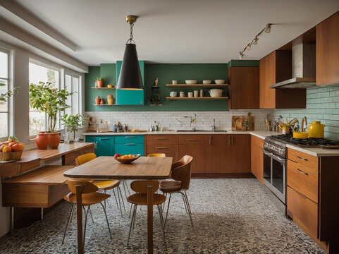 A stylish contemporary kitchen featuring teal cabinetry, wooden elements, and an airy dining area with natural light. Perfect for modern home decor inspiration.