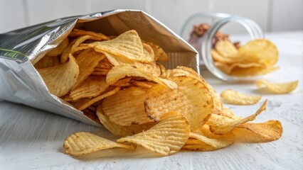 A bag of crispy potato chips spills onto a white surface, with a jar of chips in the background, creating an inviting snack scene.