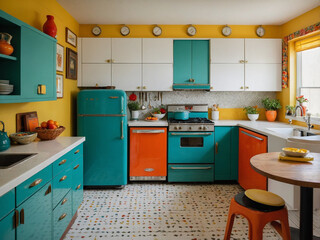 A colorful retro kitchen featuring teal cabinets, orange decor, and yellow accents. Mid-century...