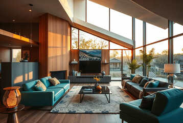 Modern living room design contemporary home interior photography bright environment wide view...