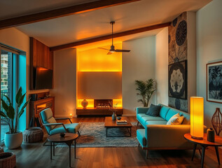 A beautifully designed mid-century modern style living room in an apartment, warm and cozy...