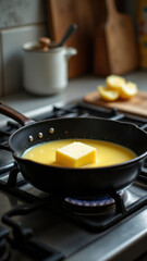 A pan on a stove with butter melting inside.