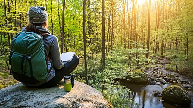 A woman with a backpack sits on a rock in a peaceful forest, surrounded by sunlight. Concept of nature exploration, relaxation, and outdoor adventure.