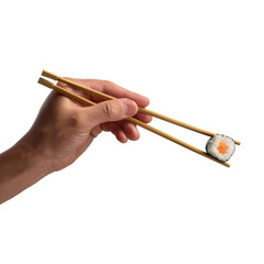 Hand holding sushi stick on transparent background