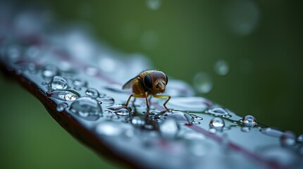 A tiny fly stands on a leaf covered in glistening water droplets after a rain shower. The close-up shot highlights the intricate details of the insect and the refreshing ambiance.