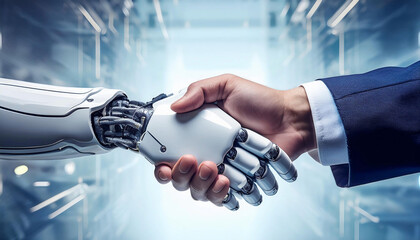 Male hand shaking hands with a robot hand in front of a beautiful background. Business between humans and technology. 