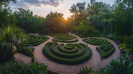 Sunset Over Spiral Garden Labyrinth Brick Path