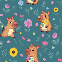 Seamless pattern Capybara. Spring, Summer, flowers, tulips, sunflower, forget-me-nots, daisies, twigs, leaves. Festive background for packaging, textiles