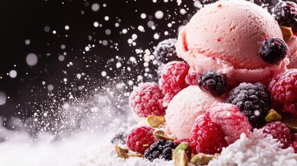 A single scoop of pink berry ice cream sits among an assortment of frosted berries and nuts, with a dusting of powdered sugar creating a whimsical snowy effect.