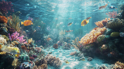 Obraz premium Vibrant Underwater Coral Reef Ecosystem with Marine Life and Sunlit Waters