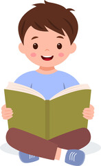 Happy cute boy is holding open book and reading. Knowledge and education concept.Vector illustration