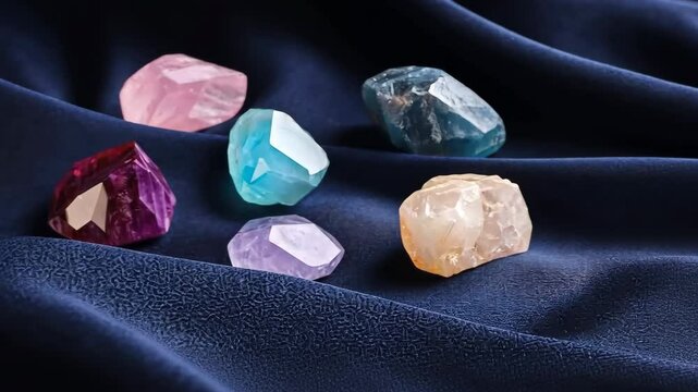 A collection of colorful gemstones are displayed on a blue cloth