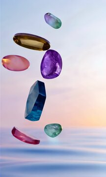 A collection of colorful stones floating in the air above a body of water