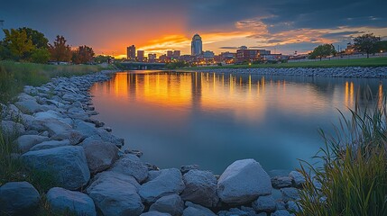Obraz premium Wichita City Skyline Sunset Reflection Water Rocks