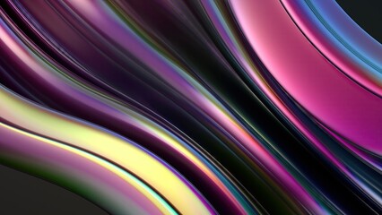 An abstract background featuring a delicate elegance and modernity, rendered in 3D, with twisted dark chrome curves of a metal plate.