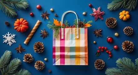colorful seasonal paper bag on blue background