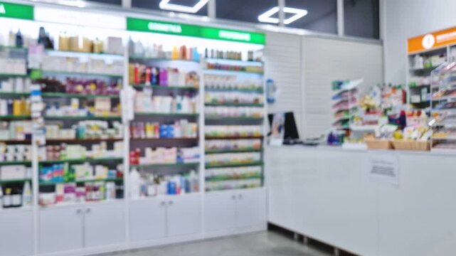 Defocused view inside of pharmacy with the seller counter, computer and cash register against stocked shelves with medicines. Healthcare and cosmetics industry blurred background