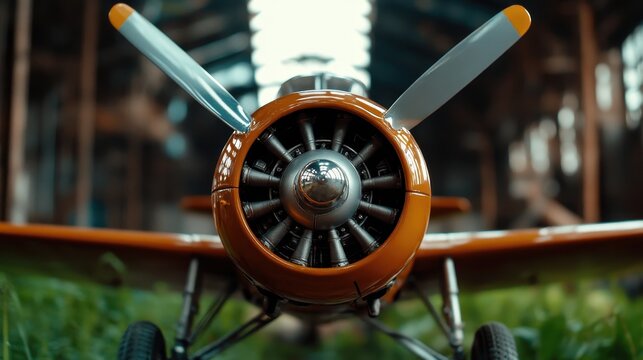 A vibrant orange vintage propeller airplane is centered within an industrial hangar, exemplifying historical aviation and technological nostalgia with a detailed focus.