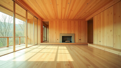 Fototapeta premium Modern minimalist living room with wooden interior and large windows