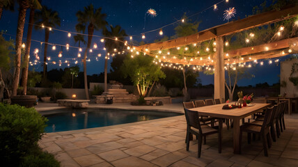 Obraz premium Beautiful outdoor patio with pool, chairs, and umbrellas at a luxurious resort