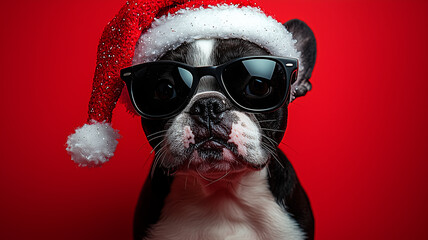 Cool dog wearing red Santa hat and sunglasses, festive Christmas portrait with vibrant red background

