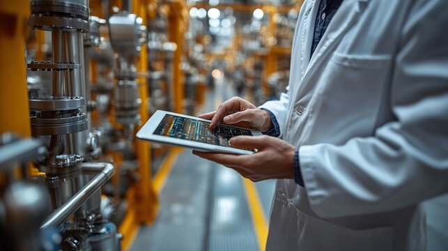 Scientist in a white coat, holding an iPad, stands next to the main chemical plant production line, using a digital tablet for data analysis of the process control system.