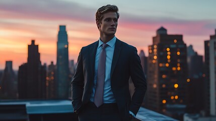 Male model in a suit, posing on a rooftop with the city skyline behind him