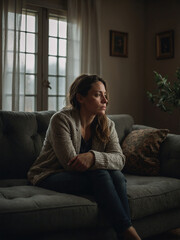 Fototapeta premium Contemplative woman sitting on sofa indoor living room portrait photography natural light emotional mood