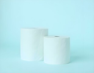 isolated toilet paper roll on a pale pastel light blue background, warm, comfy, smooth, soft