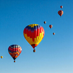 Naklejka premium Several colorful hot air balloons drift against a clear blue sky, creating a vibrant and whimsical scene