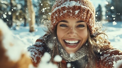 A woman wearing a cozy knit hat and sweater takes a joyful selfie amidst gently falling snowflakes, capturing the essence of winter happiness and delight.