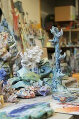 Obraz premium Sculptures, paint, art studio, textured surfaces, creative process.