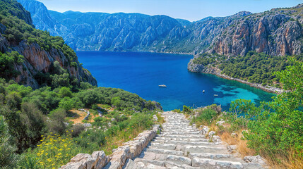 Obraz premium Ancient stone staircase leading to a serene turquoise Mediterranean bay surrounded by lush greenery, cliffs, and crystal-clear water. Ideal for travel ads, summer promotions, and posters.