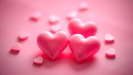 Obraz premium A glossy pink hearts on a soft pink background, exuding warmth and romance