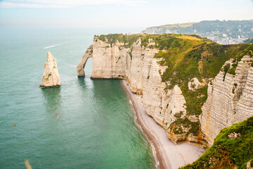 Beautiful limestone slopes in the Etretat area in Normandy by the ocean in France.