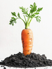 Fresh carrot with green tops emerging from black soil on white background