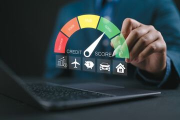 Evaluation of credit score. Analyst evaluates customer finance statistical data with credit score...